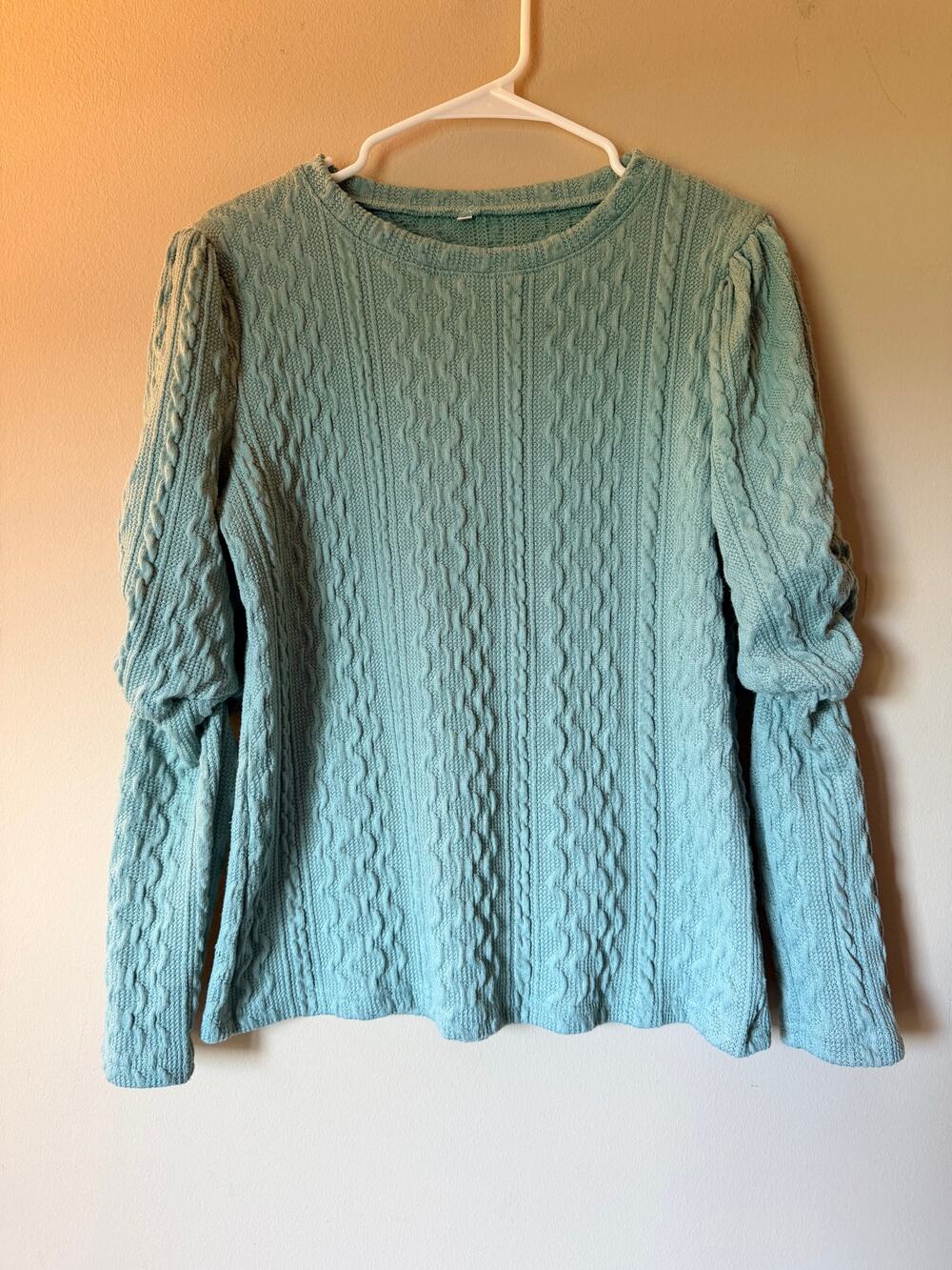 Sage Green Cable Knit Sweater Women's S Puff Sleeve Mock Neck Cottagecore Top
